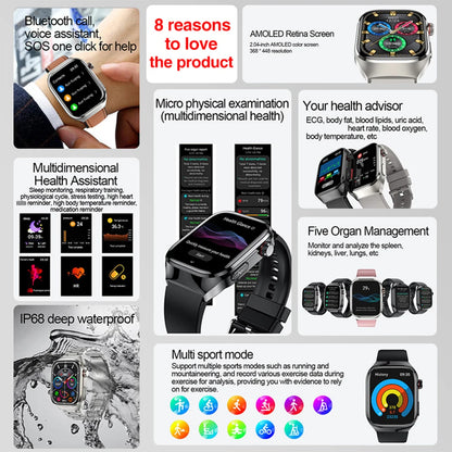 2026 New Smart Watch 2.04-inch AMOLED Screen Bluetooth Call IP68 Waterproof 650mA Sports Smartwatches Men Android Military-Grade