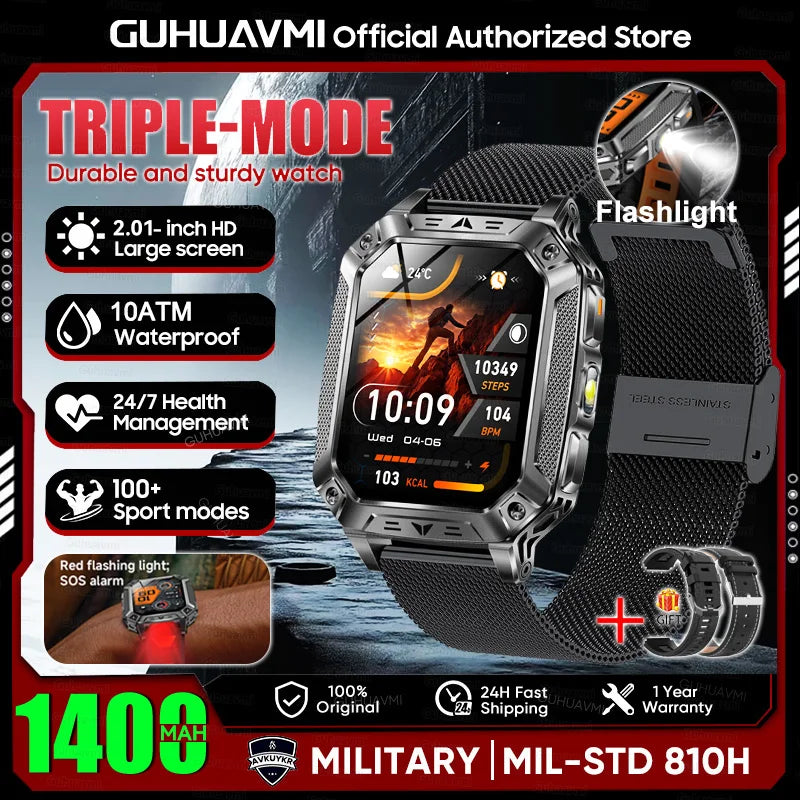 New Rugged Military Smart Watch Men 1400 mAh battery 2.01inch AMOLED Bluetooth Call 10ATM Waterproof LED flashlight Smart watch