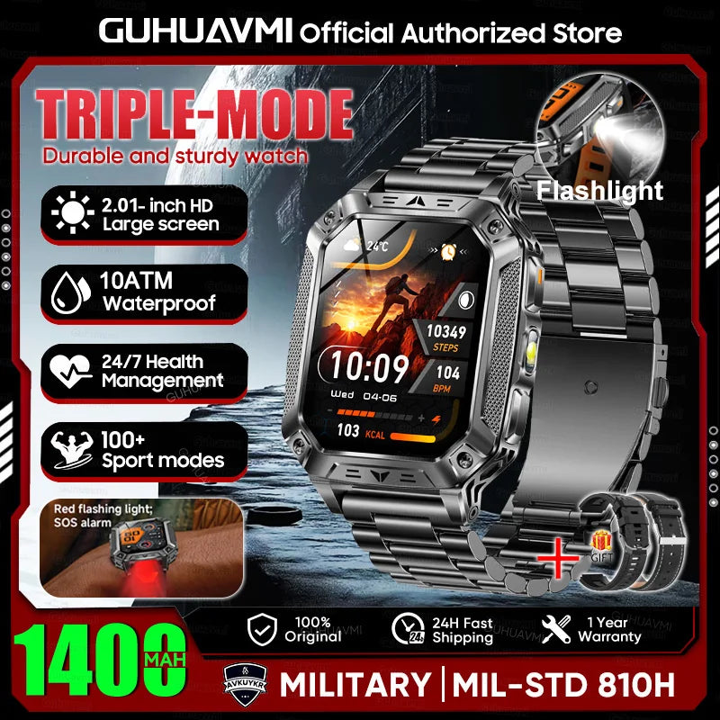 New Rugged Military Smart Watch Men 1400 mAh battery 2.01inch AMOLED Bluetooth Call 10ATM Waterproof LED flashlight Smart watch