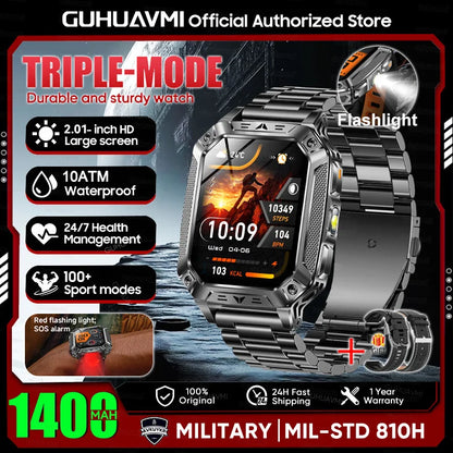 New Rugged Military Smart Watch Men 1400 mAh battery 2.01inch AMOLED Bluetooth Call 10ATM Waterproof LED flashlight Smart watch