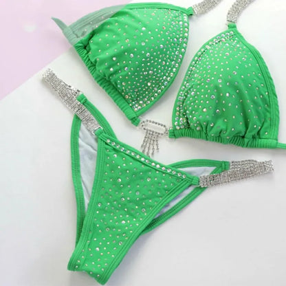 NPC IFBB Competition Bikini Posing Suit for Women Rhinestone Connectors Scrunch Bikini