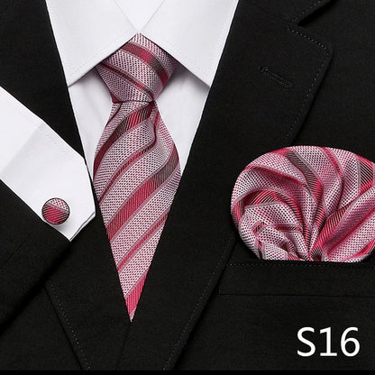 Men`s Tie Red Plaid print Jacquard Woven Tie Hanky Cufflinks Sets For Formal Wedding Business Party Free Postage