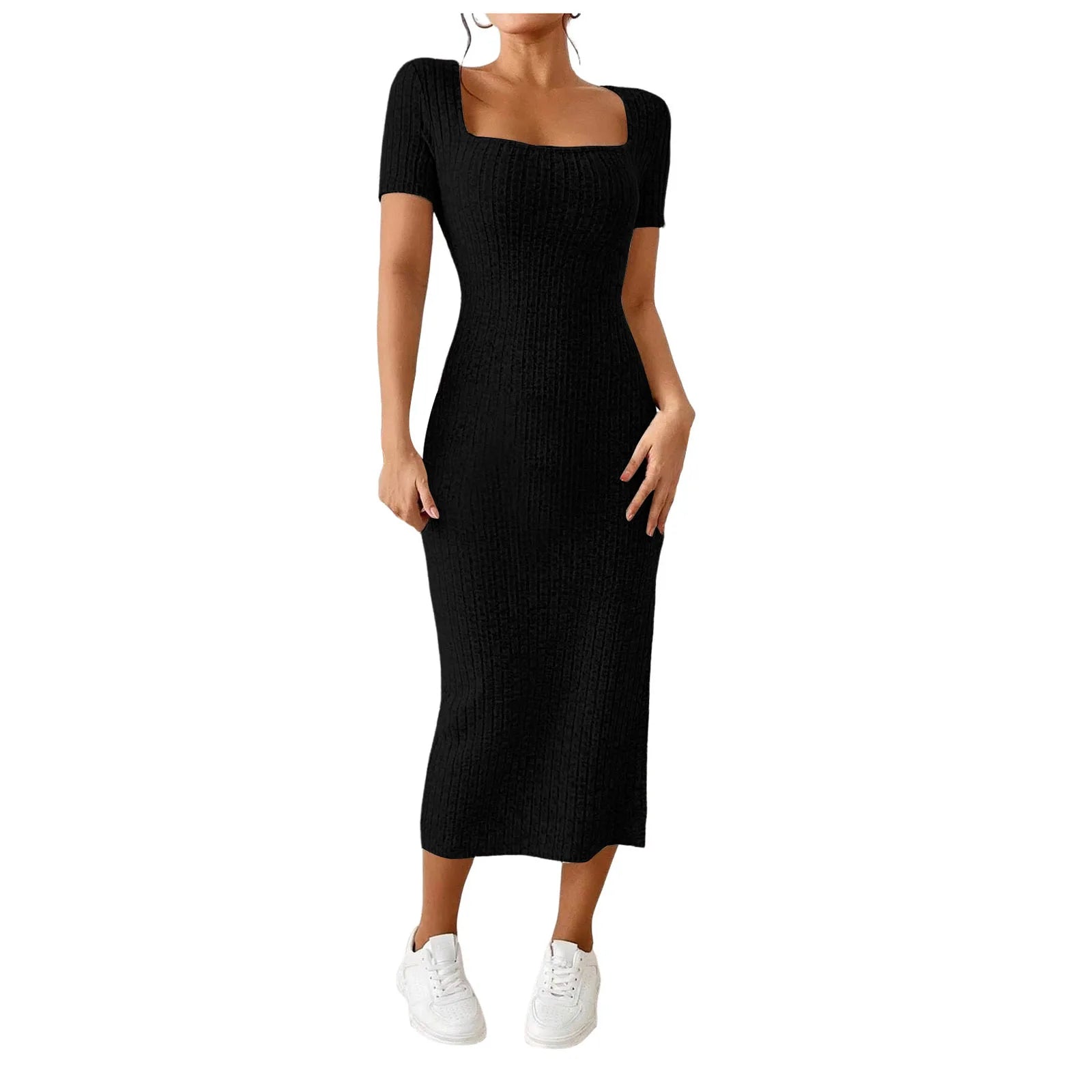 Summer Dresses For Women 2026 Summer Ribbed Short Sleeve Bodycon Maxi Dress Side Slit Knit Square Neck Long Robe Vestidos