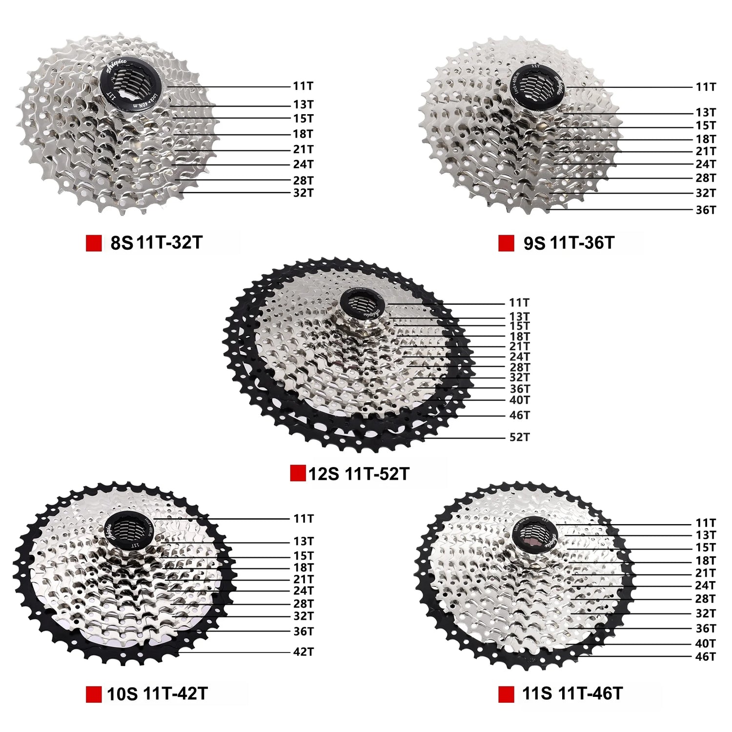 Bike Freewheel,Bicycle Cassette Freewheel 8S(11T-32T)/9S(11T-36T)/10S(11T-42T)/11S(11T-46T)/12S(11T-52T),Cycling Parts