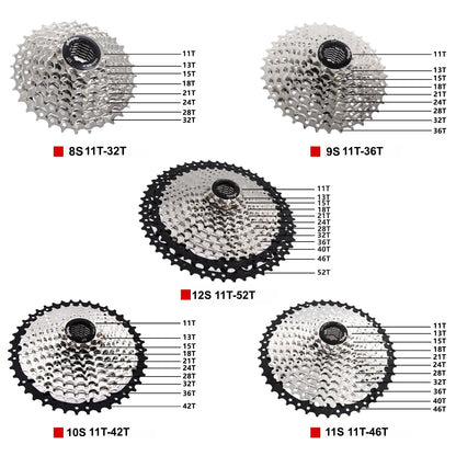 Bike Freewheel,Bicycle Cassette Freewheel 8S(11T-32T)/9S(11T-36T)/10S(11T-42T)/11S(11T-46T)/12S(11T-52T),Cycling Parts