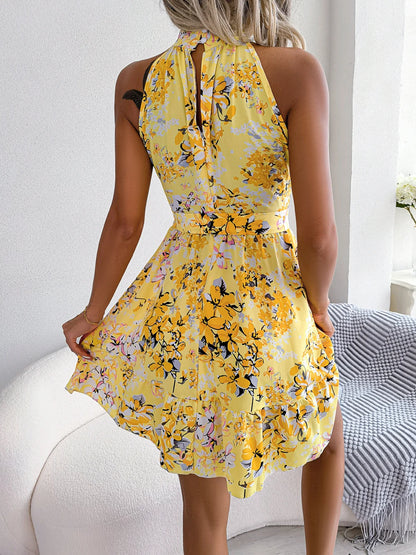 Women Casual Sleeveless Ruffles Slim Waist Floral Print Dress for Summer 2025 Elegant Dresses for Woman Valentine&