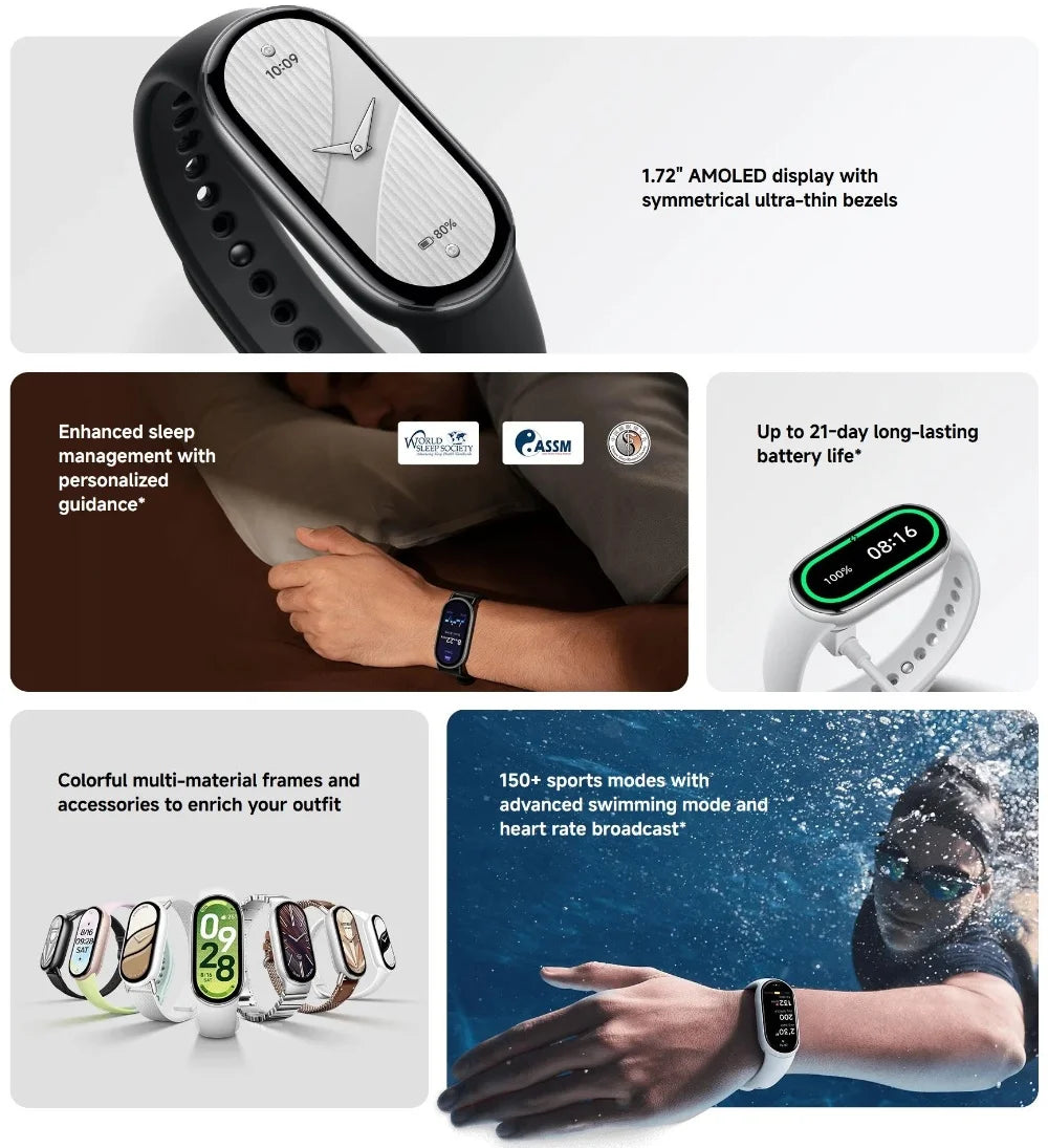Global Version Xiaomi Smart Band 10 150+ Sports Modes Sleep Monitoring 1.72" AMOLED Display 21-day Battery Mi Wrist Sport Watch