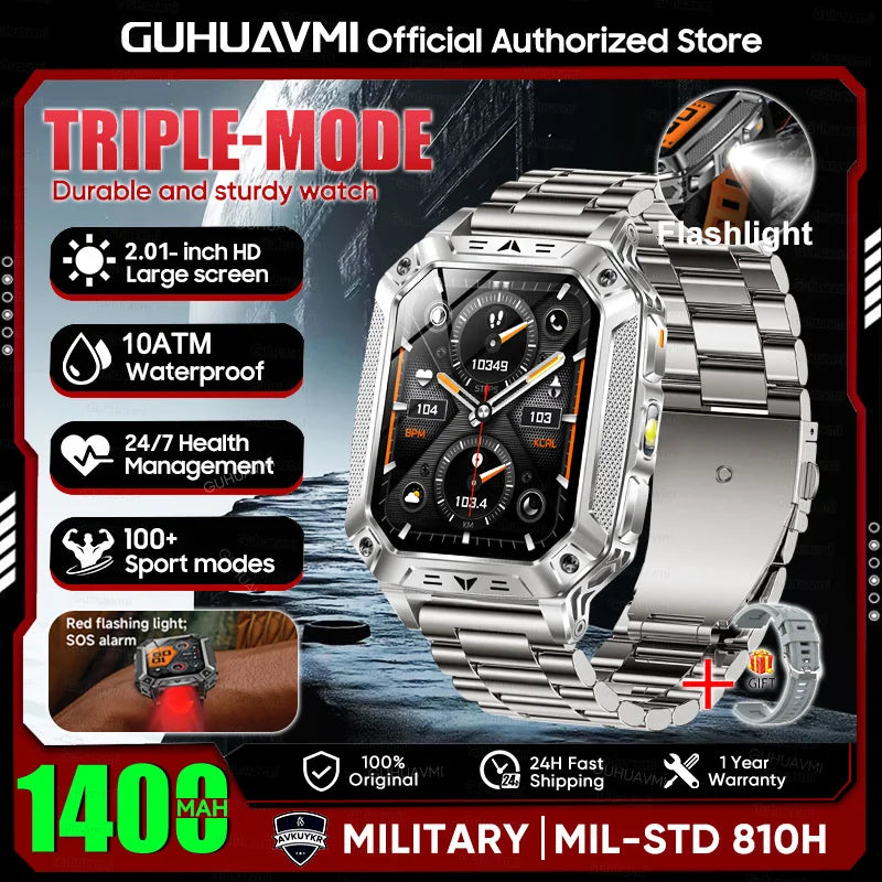 New Rugged Military Smart Watch Men 1400 mAh battery 2.01inch AMOLED Bluetooth Call 10ATM Waterproof LED flashlight Smart watch