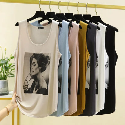 Women Long Tank Tops O-Neck Fashion Print Beauty&