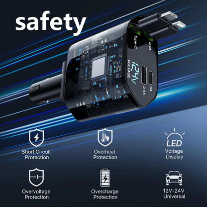 W&amp;O 4-in-1 Vehicle Charger, 120 Watt Fast Charging, Retractable Cable, 2 USB Ports, Compatible with All Vehicles iOS &amp; TYPE-C
