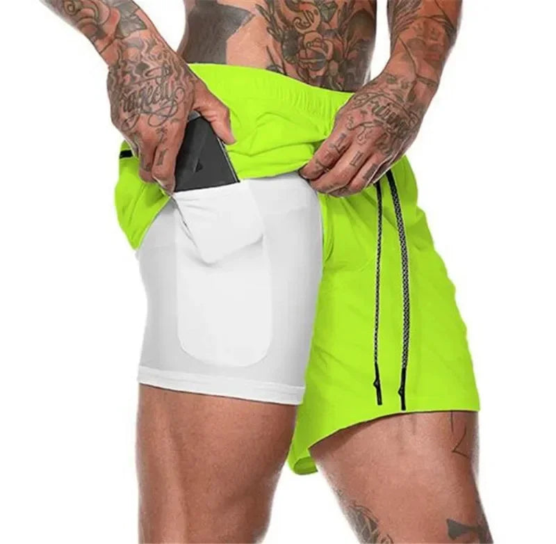 Men Fitness Built-in pocket sports Shorts Summer 2 In 1 Quick Dry Gym Beach shorts Running Double-deck Shorts mesh sweatpants