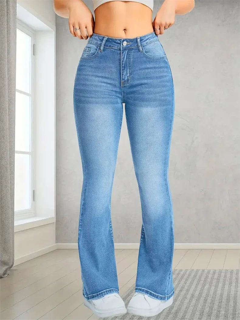 New Women Casual Micro Flares Jeans Fashion Pockets Button Splice Washed Denim Pants Streetwear Female Office Commuter Trousers