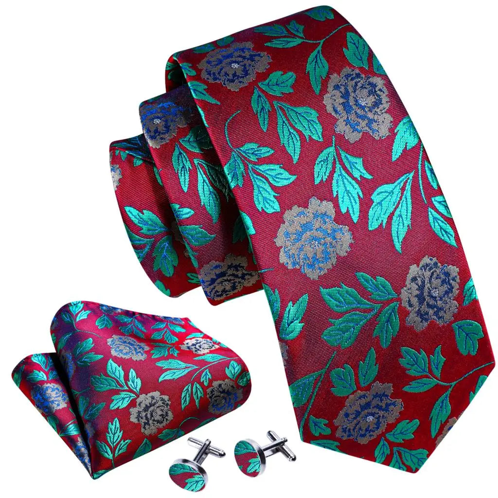Barry.Wang Colorful Men Tie Handkerchief Cufflinks Set Novelty Floral Necktie for Male Designer Wedding Business Party Gift