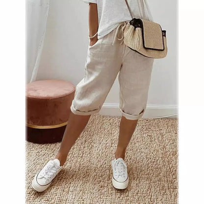 Shorts Women summer cotton linen elastic waist pocket elastic casual pants five quarter women&