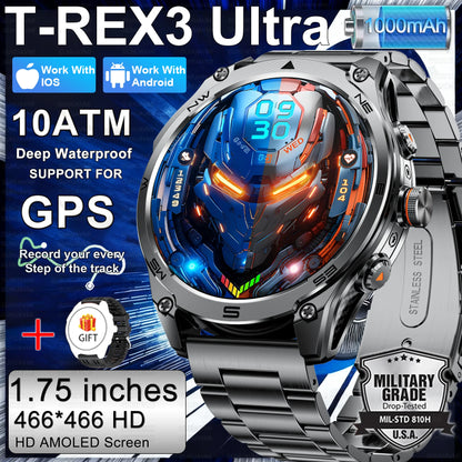 T-Rex 3 ULtra Military Grade 1000mAh Battery Smart Watch 10ATM Waterproof GPS call AMOLED HD Men 100+Sports 2025 New Smart watch