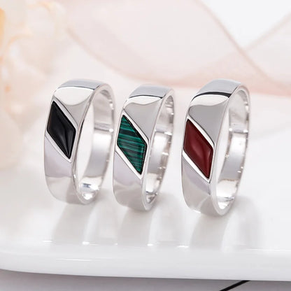 Mens Black Green Red Enamel Rings For Men Silver Color Metal Geometric Simple Male Engagement Wedding Bands Daily Party Jewelry