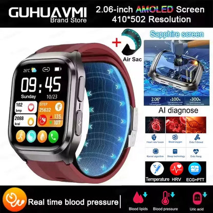 2026 New Blood Pressure Air Pump Airbag Accurate Measure Smart Watch Men Non invasive Blood Lipids Health ECG Smart Watches NFC