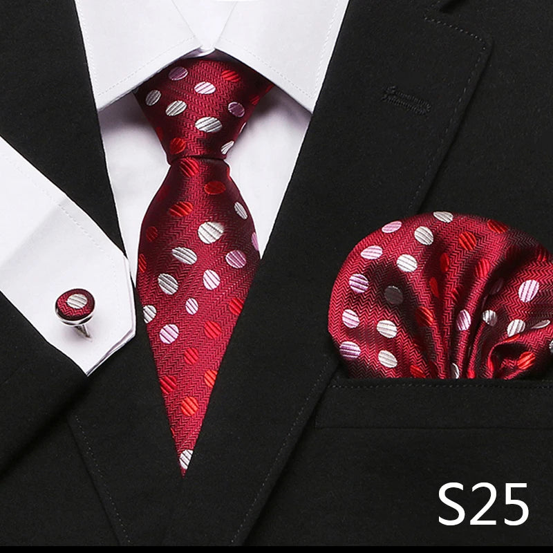 Men`s Tie Red Plaid print Jacquard Woven Tie Hanky Cufflinks Sets For Formal Wedding Business Party Free Postage