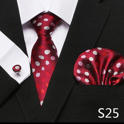 Men`s Tie Red Plaid print Jacquard Woven Tie Hanky Cufflinks Sets For Formal Wedding Business Party Free Postage