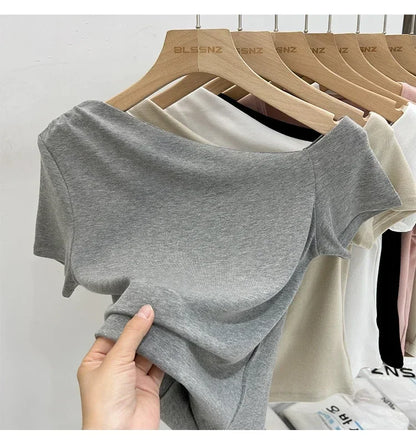 Womens Long Sleeve Off Shoulder T Shirts 2026 Tight Knit Sexy Slim Fitted Casual Women&