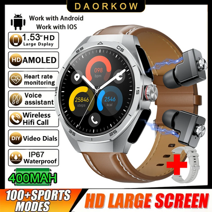 New Smart Watch Men TWS 2-in-1 Bluetooth Earphones With Built-in Speaker HIFI  1.53HD SCreen Bluetooth Call IP67 Waterproof
