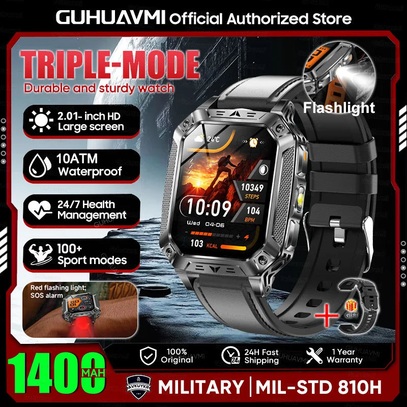 New Rugged Military Smart Watch Men 1400 mAh battery 2.01inch AMOLED Bluetooth Call 10ATM Waterproof LED flashlight Smart watch