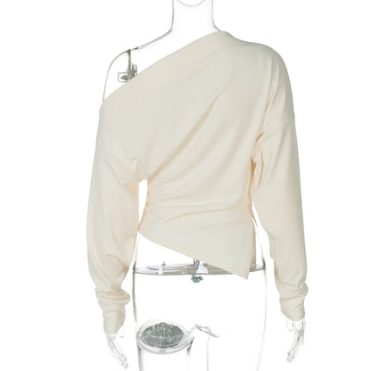 Talenza Women Casual Top Fashion Slim Slit Long Sleeve Pullover Top Sexy Strapless Pleated New Party Looks Top Female Streetwear