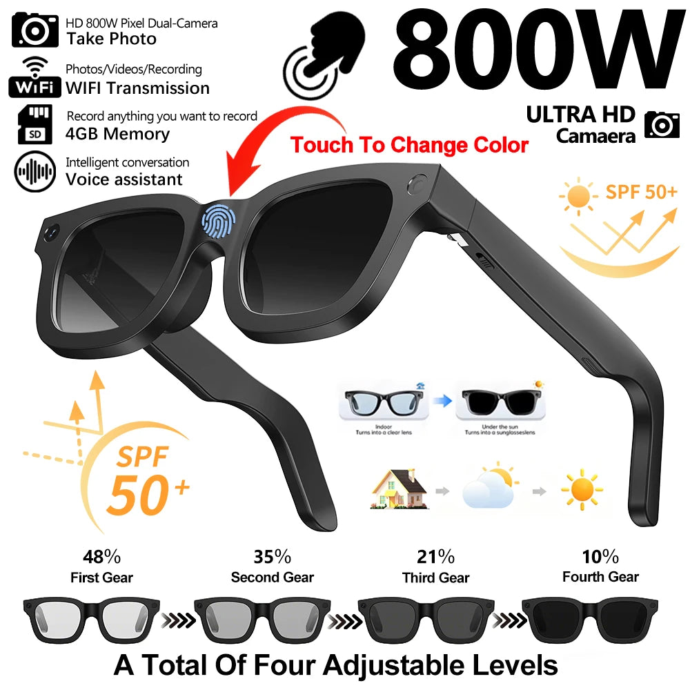 2026Smart Glasses 800W HD Photo Video AI Record Translation Touch Photochromic Lenses Bluetooth Call Music Multifunction Glasses
