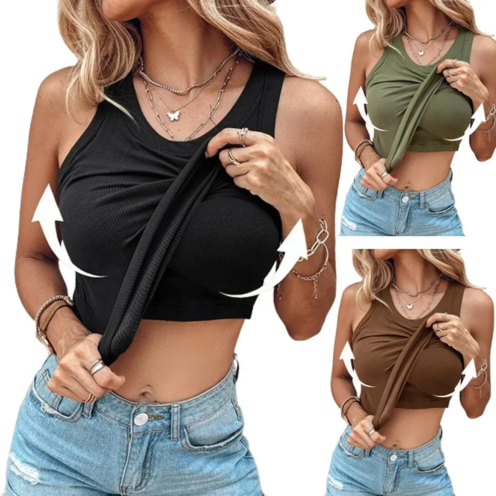 Fashion Tank Top Women Clothing Summer New Round Neck Ribbed with Bra Pads Casual Solid Color Sleeveless Tops for Female