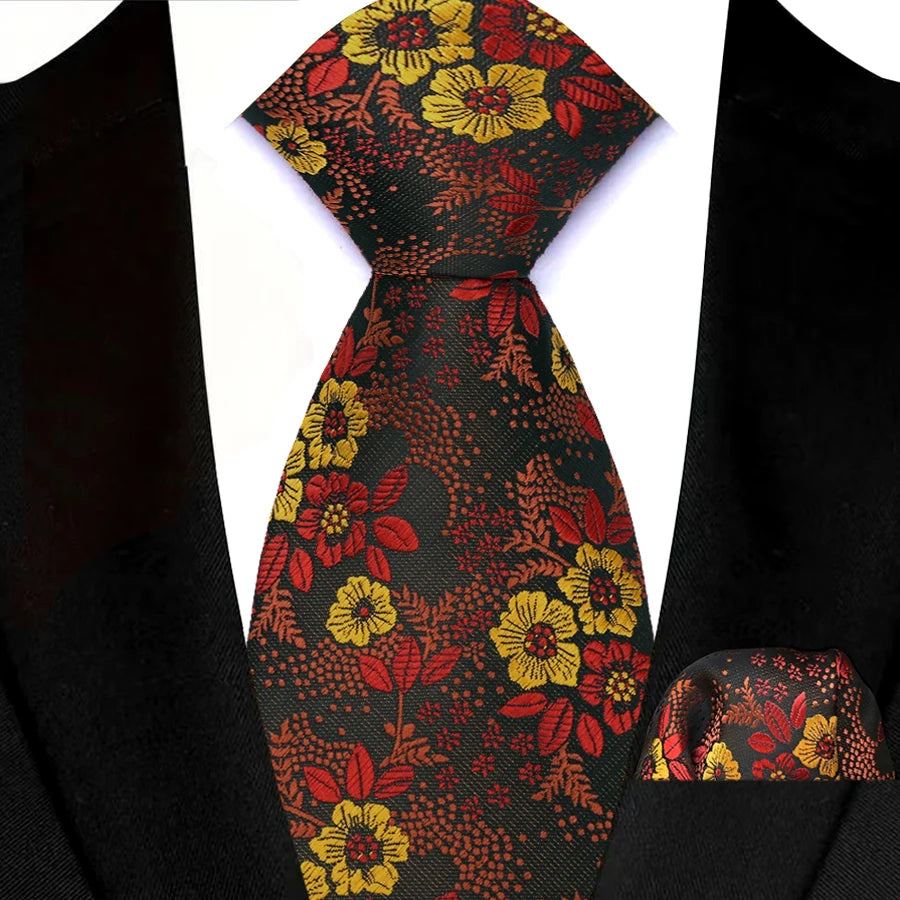 Mens 8cm Tie Set Orange Brown Floral Stripes Wedding Tie Hadkerchief Set For Men Fashion Design Quality Hanky Necktie Set