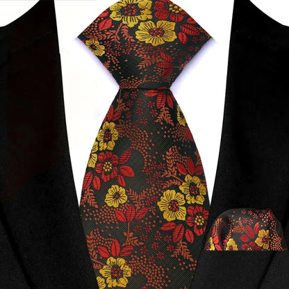 Mens 8cm Tie Set Orange Brown Floral Stripes Wedding Tie Hadkerchief Set For Men Fashion Design Quality Hanky Necktie Set