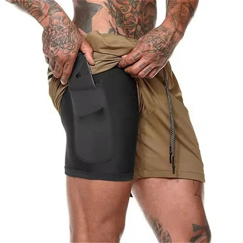 Men Fitness Built-in pocket sports Shorts Summer 2 In 1 Quick Dry Gym Beach shorts Running Double-deck Shorts mesh sweatpants