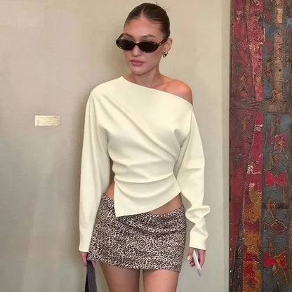 Talenza Women Casual Top Fashion Slim Slit Long Sleeve Pullover Top Sexy Strapless Pleated New Party Looks Top Female Streetwear