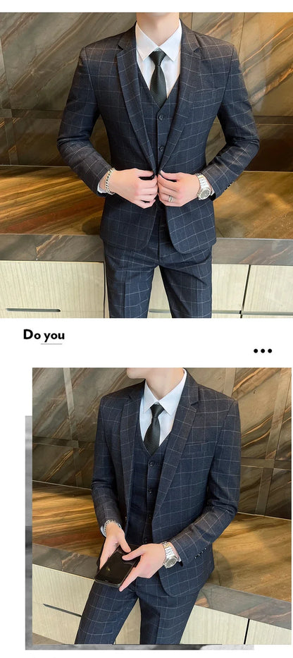 Suits  (blazer+ Vest + Pants) Men Fashion Business Casual Hosts Slim-fit Gentleman Wedding Work  Mens Suits 3 Piece M-5XL