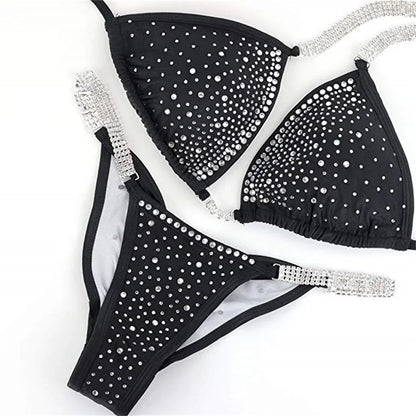 NPC IFBB Competition Bikini Posing Suit for Women Rhinestone Connectors Scrunch Bikini