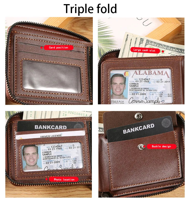 Vintage Credit Card Holder Men Wallets Business Short Coin Purse Zipper Hand Money Bag  Bank Cardholder Case Small Male Walet