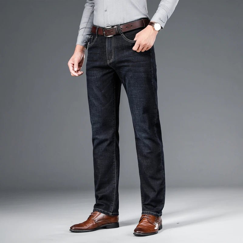 SHAN BAO 2022 autumn spring fitted straight stretch denim jeans classic style badge youth men&