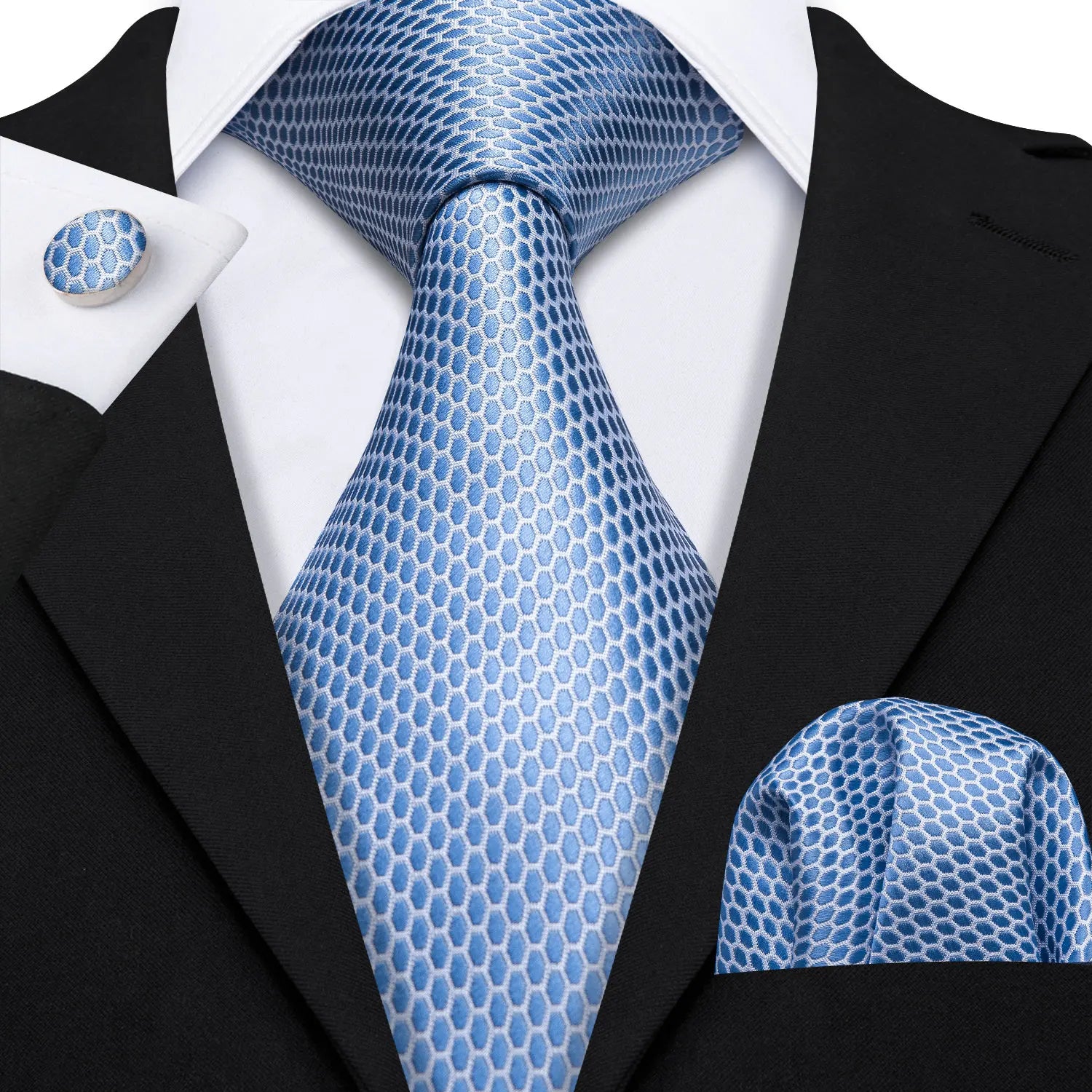 Barry.Wang Navy Royal Sky Blue Silk Men Tie Hanky Cufflinks Set Jacquard Teal Cyan Turquoise Necktie for Male Wedding Business