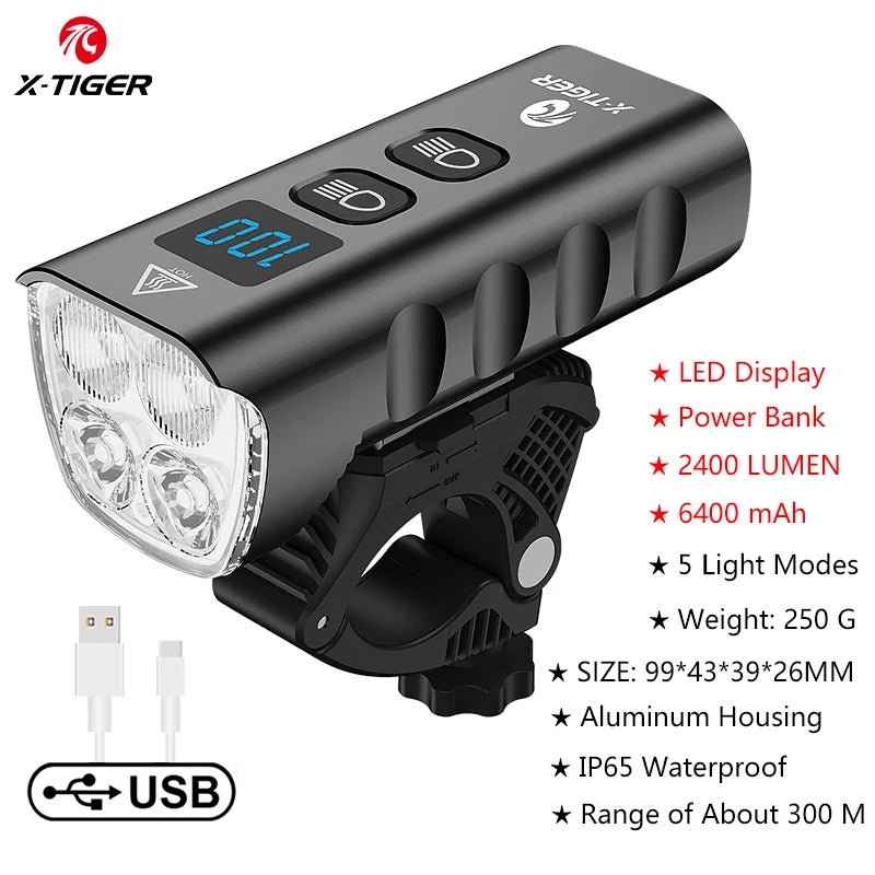 X-TIGER Bike Front Light 6400mA Rechargeable Bicycle Light 2400LM Cycling Headlight LED Flashlight MTB Bike Lamp