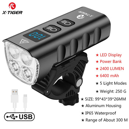 X-TIGER Bike Front Light 6400mA Rechargeable Bicycle Light 2400LM Cycling Headlight LED Flashlight MTB Bike Lamp