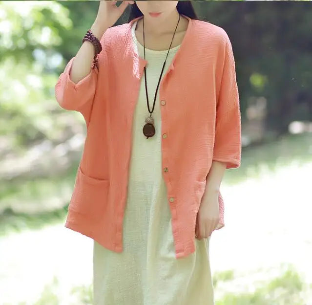 Women Casual three quarter Sleeve Cotton Linen Loose Blouse Spring Summer vintage Shirt Tops Cardigan camisas ropa mujer