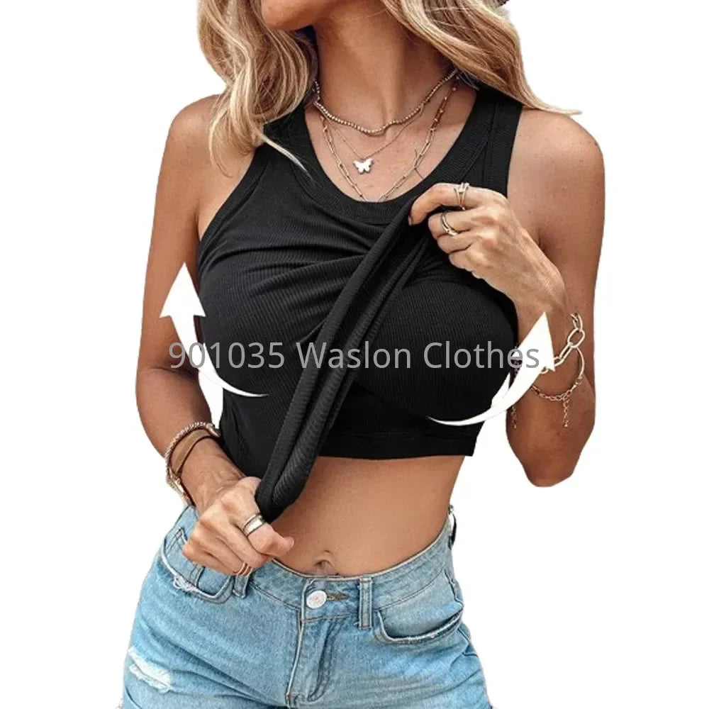 Fashion Tank Top Women Clothing Summer New Round Neck Ribbed with Bra Pads Casual Solid Color Sleeveless Tops for Female