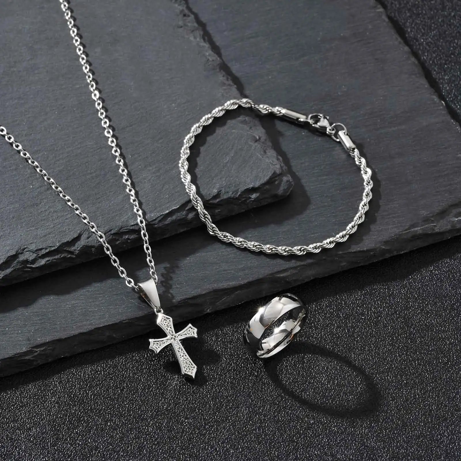 3pcs Dainty Cross Necklace Set for Men Boys,Waterproof Stainless Steel Chain Bracelet,Fashion Cool Male Jewelry Set Gift