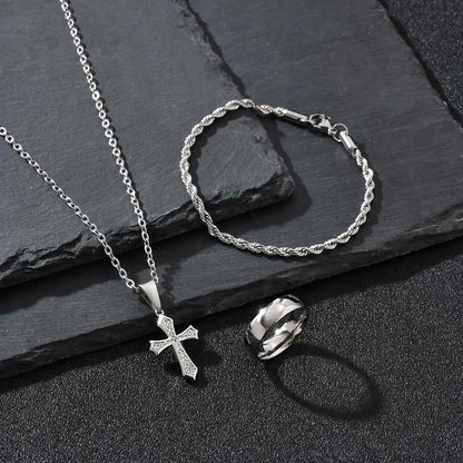 3pcs Dainty Cross Necklace Set for Men Boys,Waterproof Stainless Steel Chain Bracelet,Fashion Cool Male Jewelry Set Gift