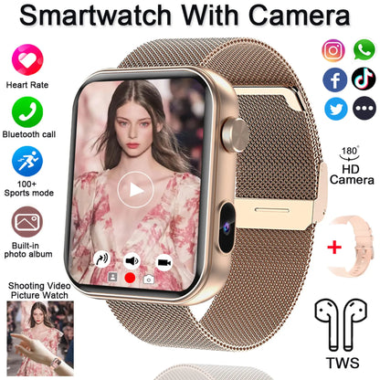 4K HD Smart Watch with Camera Men Recording Camera TWS Headset Local Music Bluetooth Calling Music Fashion Women Smartwatch 2025