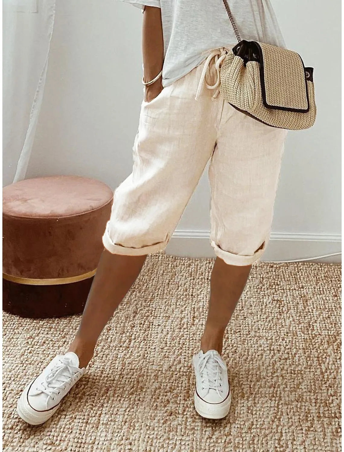 Shorts Women summer cotton linen elastic waist pocket elastic casual pants five quarter women&