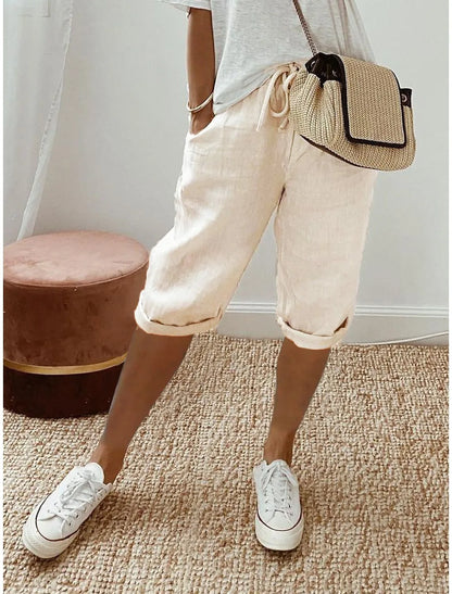 Shorts Women summer cotton linen elastic waist pocket elastic casual pants five quarter women&