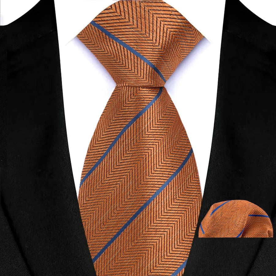 Mens 8cm Tie Set Orange Brown Floral Stripes Wedding Tie Hadkerchief Set For Men Fashion Design Quality Hanky Necktie Set