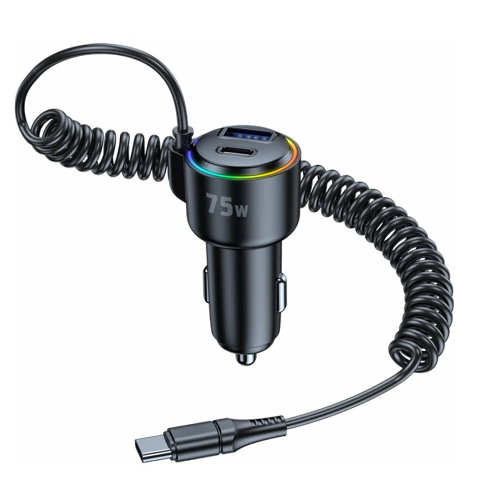 USB C Car Charger 75W Fast Charging PD 45W For QC3 0 Compatible with Dual Ports and Coiled Cable for Efficient Vehicle Charging