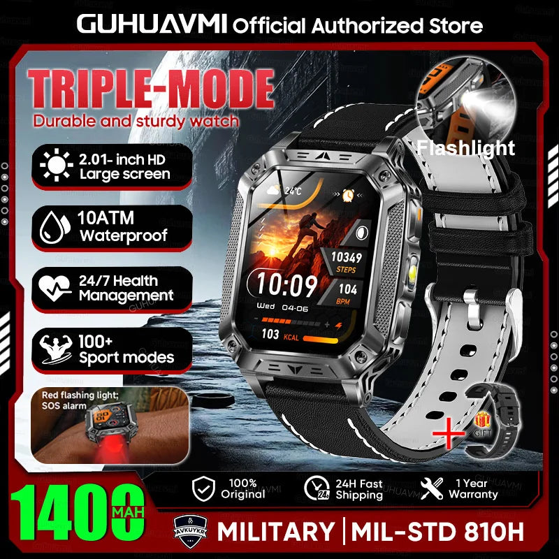 New Rugged Military Smart Watch Men 1400 mAh battery 2.01inch AMOLED Bluetooth Call 10ATM Waterproof LED flashlight Smart watch